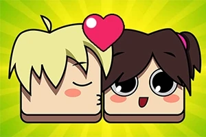 Dwie uśmiechnięte, kreskówkowe postacie o kwadratowych twarzach, jedna z jasnymi włosami i druga z ciemnymi, z sercem nad nimi na zielonym tle