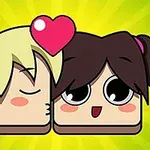 Dwie uśmiechnięte, kreskówkowe postacie o kwadratowych twarzach, jedna z jasnymi włosami i druga z ciemnymi, z sercem nad nimi na zielonym tle