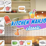 Kolorowy napis Kitchen Mahjong Classic na tle obrazków przedstawiających akcesoria kuchenne, takie jak czajnik, filiżanka, łopatka i nóż