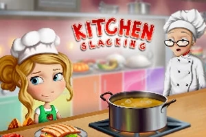 Dziewczynka w czapce kucharskiej stoi przy stole z garnkiem zupy, obok starszy kucharz, a w tle kolorowa kuchnia