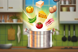 Warzywa, ser i mięso unoszące się nad srebrnym garnkiem w kuchennym otoczeniu