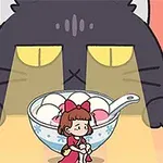 Dziewczynka w czerwonej sukience siedząca przed miską z jedzeniem, a za nią duży szary kot z żółtymi oczami