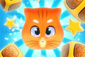 Pomarańczowy rysunkowy kot z dużymi oczami otoczony gwiazdkami i kostkami na niebieskim tle z promieniami