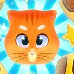 Pomarańczowy rysunkowy kot z dużymi oczami otoczony gwiazdkami i kostkami na niebieskim tle z promieniami