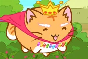 Uśmiechnięty, pomarańczowy kot z koroną i peleryną leci nad kolorowym krajobrazem