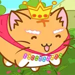 Uśmiechnięty, pomarańczowy kot z koroną i peleryną leci nad kolorowym krajobrazem