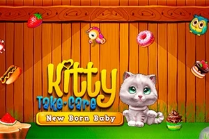 Słodki szary kotek siedzi przed drewnianym płotem, otoczony kolorowymi smakołykami i zabawkami, z napisem Kitty Take-Care New Born Baby