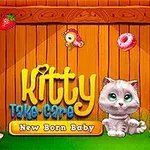 Słodki szary kotek siedzi przed drewnianym płotem, otoczony kolorowymi smakołykami i zabawkami, z napisem Kitty Take-Care New Born Baby