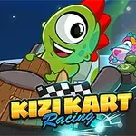 Zielony stworek z czerwonym grzebieniem jedzie wózkiem na tle nocy, obok inne kolorowe postacie w pojazdach