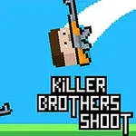 Dwóch pikselowych mężczyzn z pistoletami w dynamicznych pozach na niebieskim tle