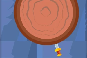 Pień drzewa w przekroju z wbitym pionowo nożem na tle niebieskiego wzoru