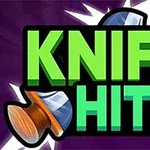 Zielony napis KNIFE HIT 2 na tle z rzuconym nożem i rozbłyskami światła na fioletowym tle