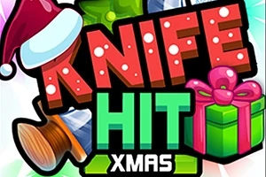 Kolorowy napis „Knife Hit Xmas” z motywem świątecznym, ozdobiony czapką Mikołaja, prezentem i nożem