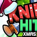 Kolorowy napis „Knife Hit Xmas” z motywem świątecznym, ozdobiony czapką Mikołaja, prezentem i nożem