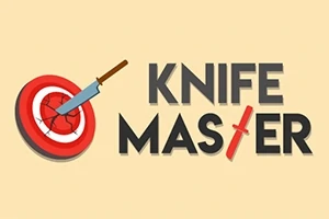 Napis KNIFE MASTER obok grafiki czerwonej tarczy z wbitym nożem na beżowym tle