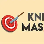 Napis KNIFE MASTER obok grafiki czerwonej tarczy z wbitym nożem na beżowym tle