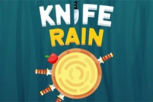 Na zielonym tle okrągła drewniana tarcza z wbitymi nożami i czerwoną jabłkiem oraz napis KNIFE RAIN