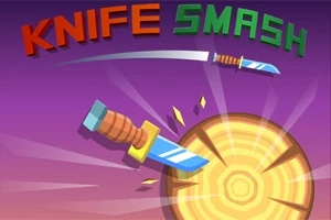 Nóż wbity w drewniany cel na tle fioletowego nieba z kolorowym napisem KNIFE SMASH