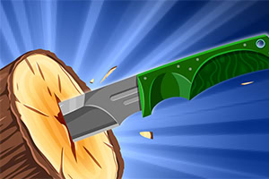 Zielony nóż wbity w drewniany pień na tle promieniującego niebieskiego tła