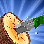 Zielony nóż wbity w drewniany pień na tle promieniującego niebieskiego tła