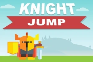 Ilustracja przedstawia pikselowego rycerza w pomarańczowej zbroi z mieczem i tarczą na tle pagórkowatego krajobrazu, z napisem KNIGHT JUMP
