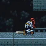 Rycerz w zbroi z czerwoną kitą stoi z mieczem na tle kamiennych murów