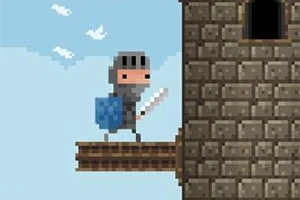 Rycerz w zbroi pikselowej z mieczem i tarczą stoi na platformie obok kamiennej wieży