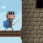 Rycerz w zbroi pikselowej z mieczem i tarczą stoi na platformie obok kamiennej wieży