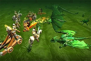 Rycerze z mieczami oraz katapulta na koniach walczą z zielonymi smokami na zielonym tle