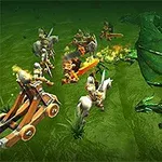 Rycerze z mieczami oraz katapulta na koniach walczą z zielonymi smokami na zielonym tle