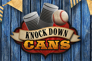 Metalowe puszki i piłka baseballowa na tle niebieskiej drewnianej ściany, z tekstem Knock Down Cans
