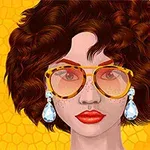 Kobieta z dużymi okularami przeciwsłonecznymi i kolczykami, z burzą ciemnych loków na tle w kolorze miodowym