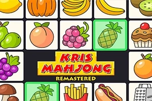 Kolorowe ikony owoców, warzyw i przedmiotów codziennego użytku ułożone w siatce, z napisem Kris Mahjong Remastered w centrum