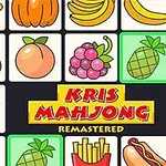 Kolorowe ikony owoców, warzyw i przedmiotów codziennego użytku ułożone w siatce, z napisem Kris Mahjong Remastered w centrum