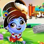 Postać w kolorze niebieskim z dużymi oczami, uśmiechnięta, biegnąca z dzbankiem rozlanego mleka na tle kolorowego krajobrazu i logo Krishna Jump