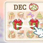 Prezentowane są ikonki świąteczne z kalendarza z 25 grudnia oraz ręką wskazującą na dwa identyczne prezenty