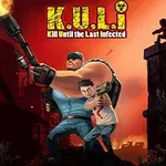 Postać w niebieskiej czapce i koszulce z bronią miotającą ogień, chroniąca innego mężczyznę na tle zachodzącego słońca i zrujnowanych budynków