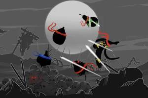 Czarno-białe postacie z kolorowymi opaskami walczące na tle pełni księżyca w mrocznym, kreskówkowym krajobrazie