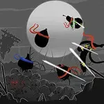 Czarno-białe postacie z kolorowymi opaskami walczące na tle pełni księżyca w mrocznym, kreskówkowym krajobrazie