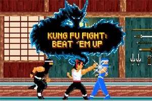 Postacie w stylu retro walczące w dojo z tekstem “Kung Fu Fight: Beat Em Up” oraz czarnym smokiem w tle