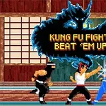 Postacie w stylu retro walczące w dojo z tekstem “Kung Fu Fight: Beat Em Up” oraz czarnym smokiem w tle