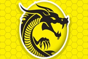 Czarny smok na żółtym tle z heksagonalnym wzorem