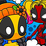 Dwie kreskówkowe postacie w stylu superbohaterów, z dużymi oczami i charakterystycznymi kostiumami na tle niebieskich kropek i chmur