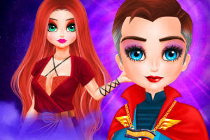 Dwie stylizowane postacie z dużymi oczami, jedna ma długie rude włosy, druga krótkie włosy i nosi czerwony płaszcz na tle fioletowej poświaty