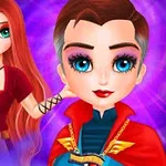 Dwie stylizowane postacie z dużymi oczami, jedna ma długie rude włosy, druga krótkie włosy i nosi czerwony płaszcz na tle fioletowej poświaty