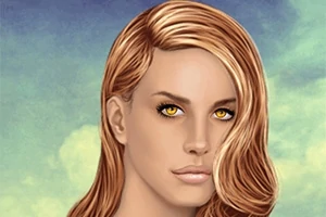 Młoda kobieta o złotych oczach i falujących, jasnobrązowych włosach na tle nieba z chmurami