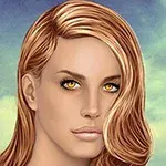 Młoda kobieta o złotych oczach i falujących, jasnobrązowych włosach na tle nieba z chmurami