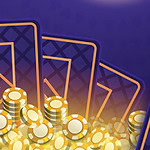 Odwrócone karty w graficznym stylu z uniesionym złotym żetonem na fioletowym tle