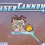 Stwór z dużymi oczami i kolczastymi włosami stoi na platformie, na którą skierowana jest strzała laserowa, z logo Laser Cannon 2 u góry