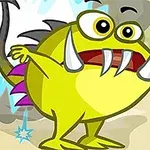 Żółty stwór z dużymi kłami trzyma w łapie bombę z liczbą trzy i jest otoczony przez wybuchy